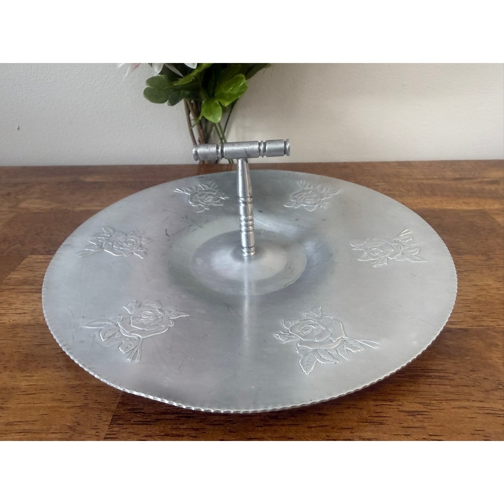 Vintage Aluminum Rose Sandwich Tray Centre Handle Mid Century Serveware Cottage
